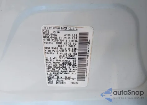 2014 Nissan Rogue Select S из США, поврежденный, VIN JN8AS5MT3EW102532